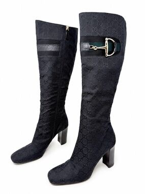 Gucci Black GG Monogram Horsebit Knee High Boots Womens US 9.5